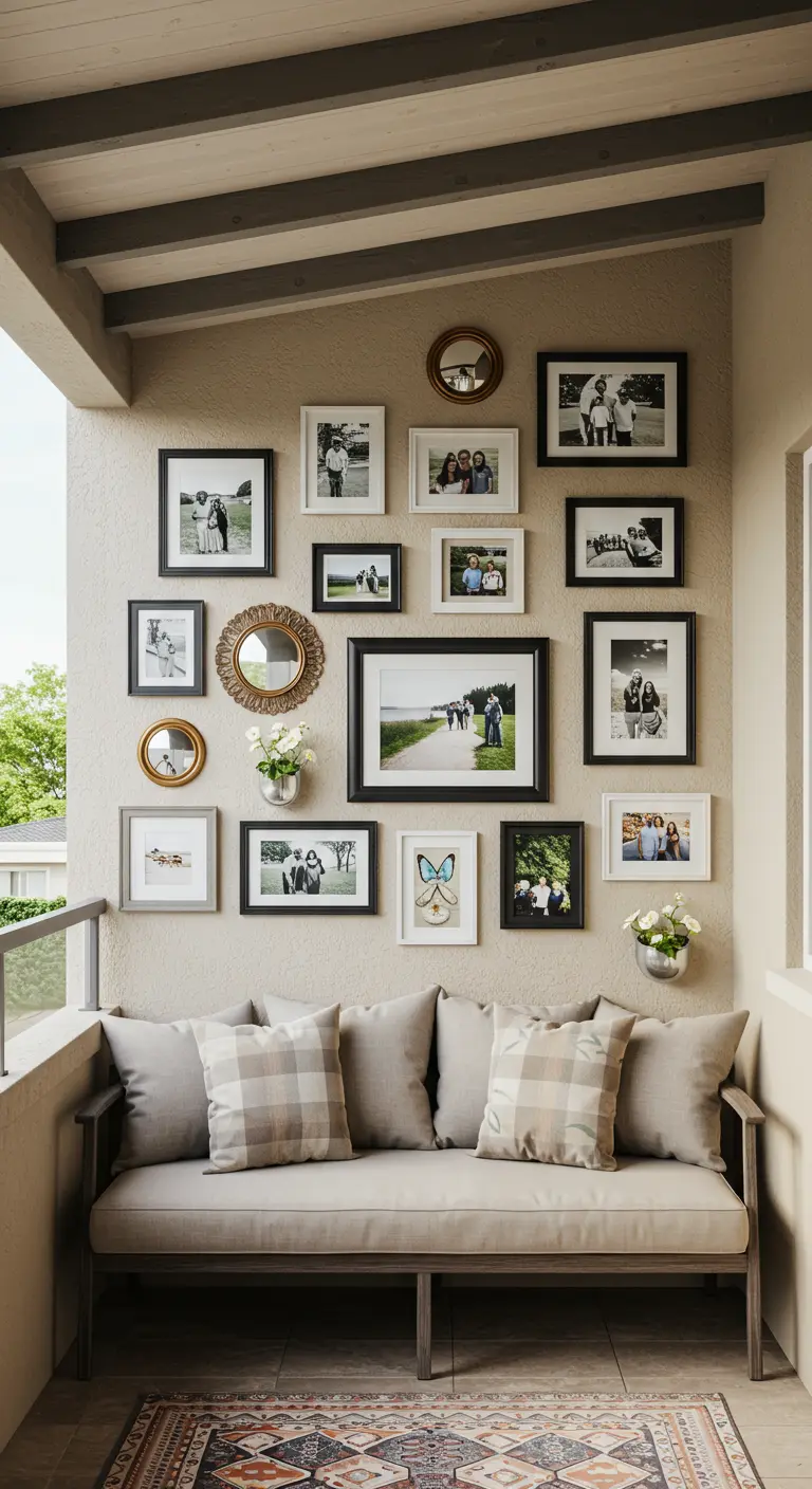 Galerijwand met zwart-wit familiefoto's en spiegels boven een grijze loungebank.