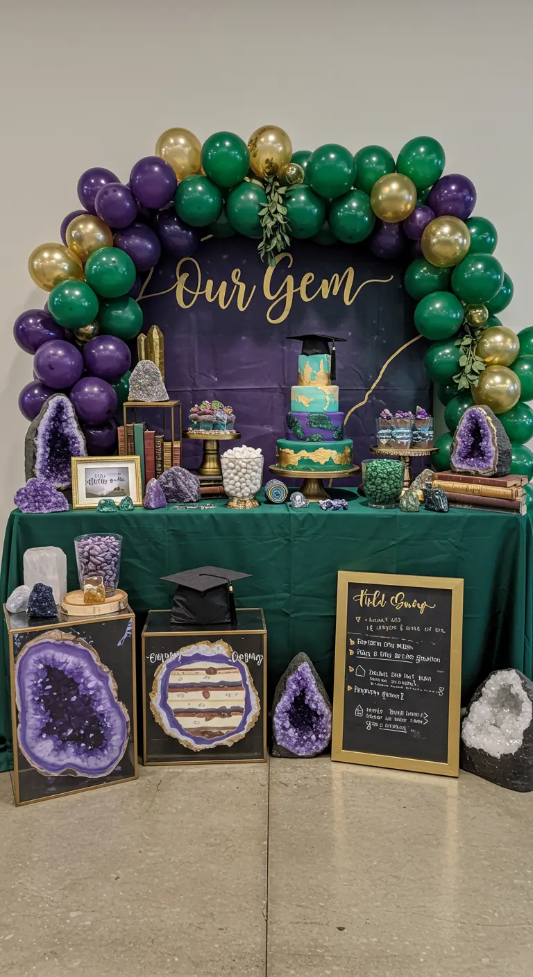 Buffettafel met een 'Our Gem' thema, gedecoreerd met geodes, amethisten en paars-groene ballonnen.