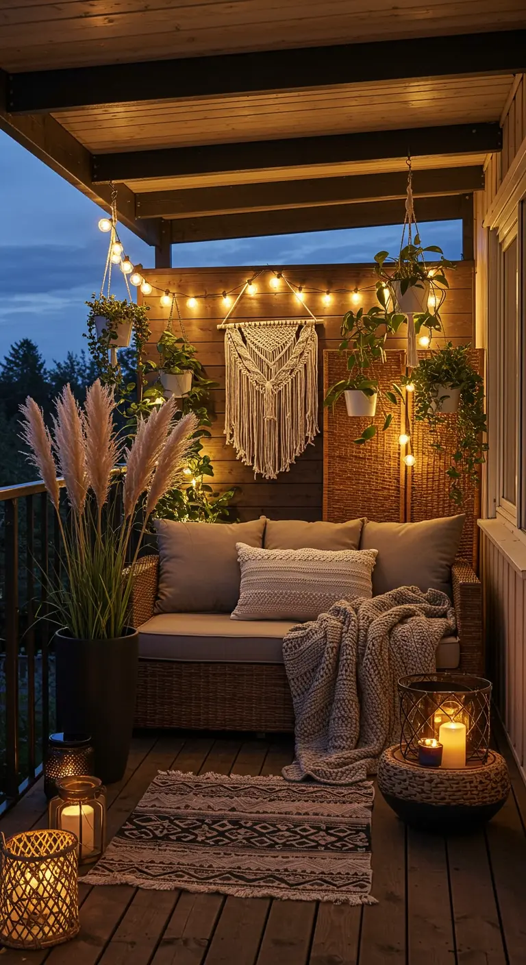 Sfeervol verlicht balkon met rotan bank, macramé, lichtsnoer en lantaarns.