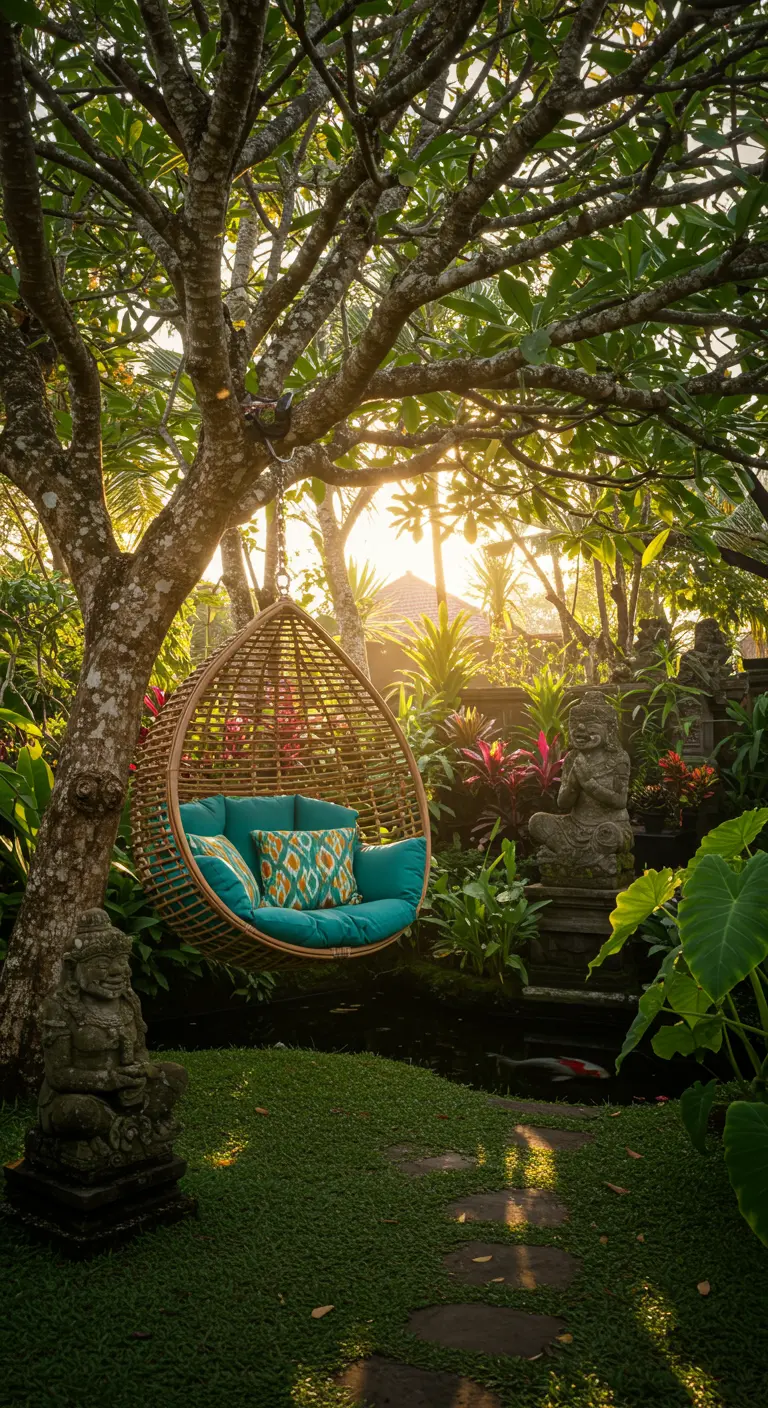 Bamboe hangstoel met turquoise kussens hangend aan een boom in een weelderige, tropische tuin.