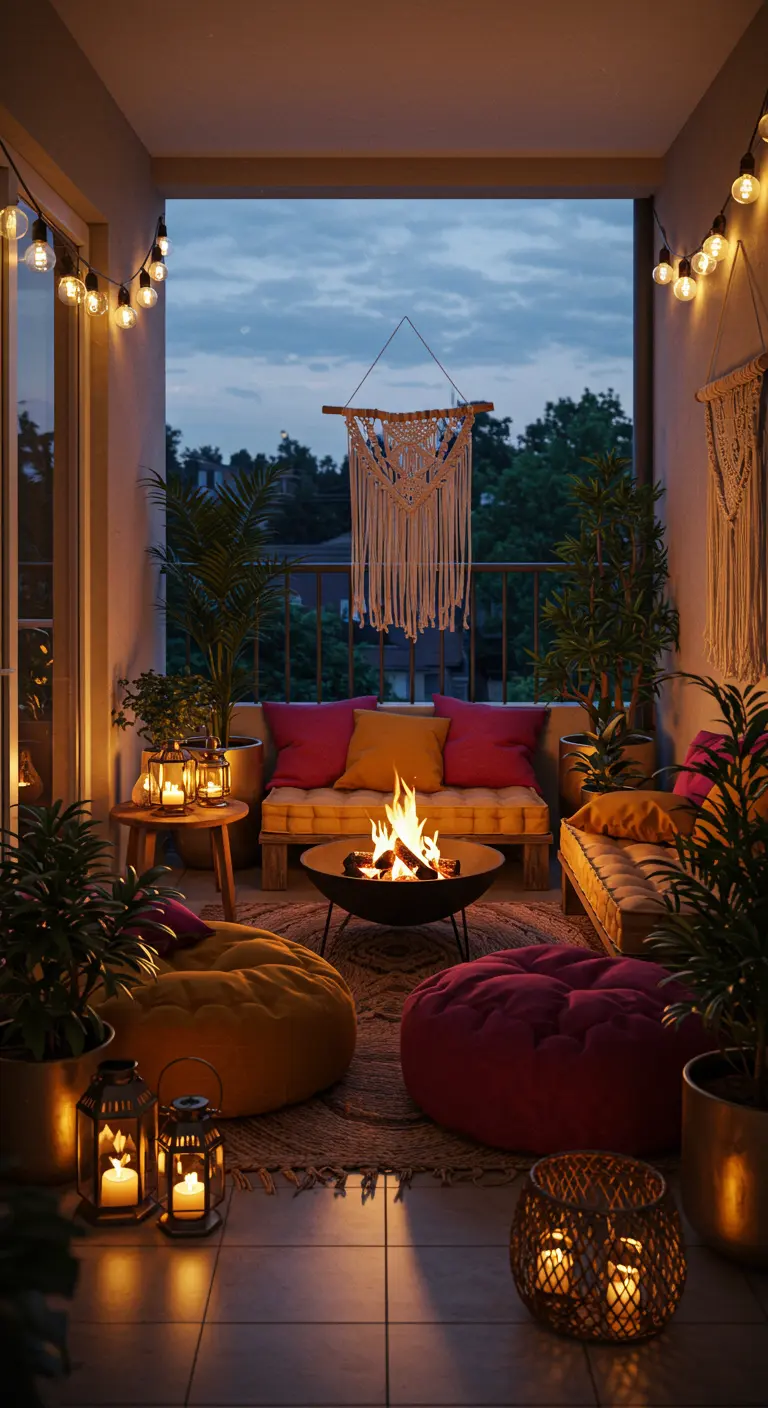 Sfeervol boho balkon met een vuurschaal, kleurrijke vloerkussens en lantaarns.