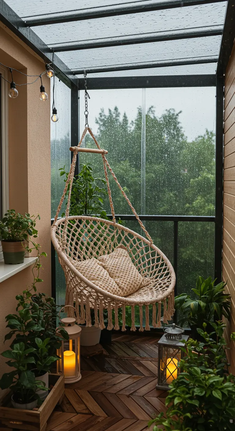 Macramé hangstoel op een overdekt balkon met lantaarns, terwijl het buiten regent.