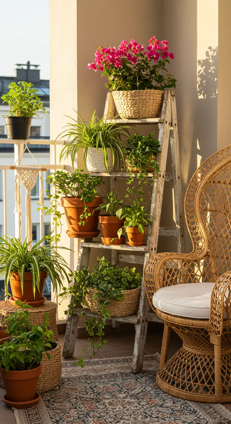 Witgekalkte ladder met hangplanten en groene planten op een boho-stijl balkon met een rotan stoel.