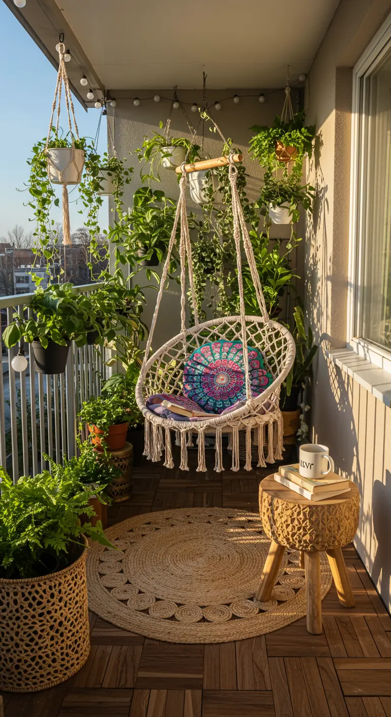 Bohemian balkon met macramé hangstoel, veel hangplanten, jute kleed en houten krukje.