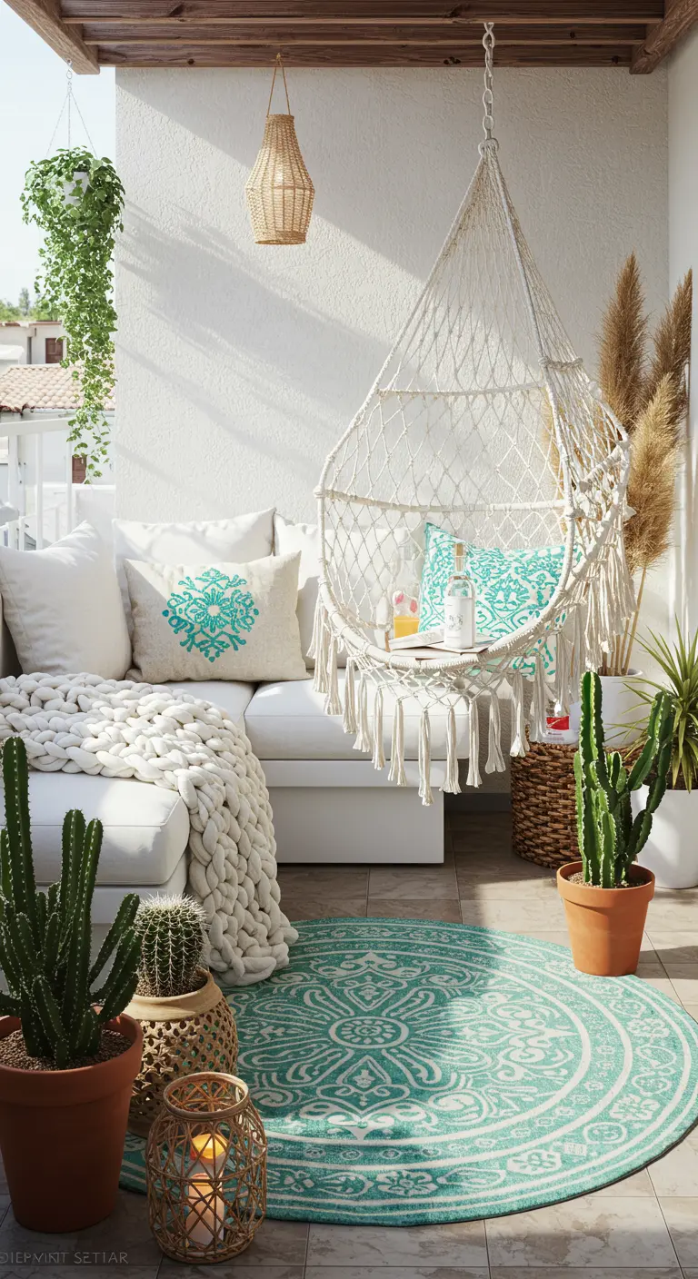 Bohemian balkonhoek met witte bank, hangstoel, cactussen en een rond turquoise vloerkleed.