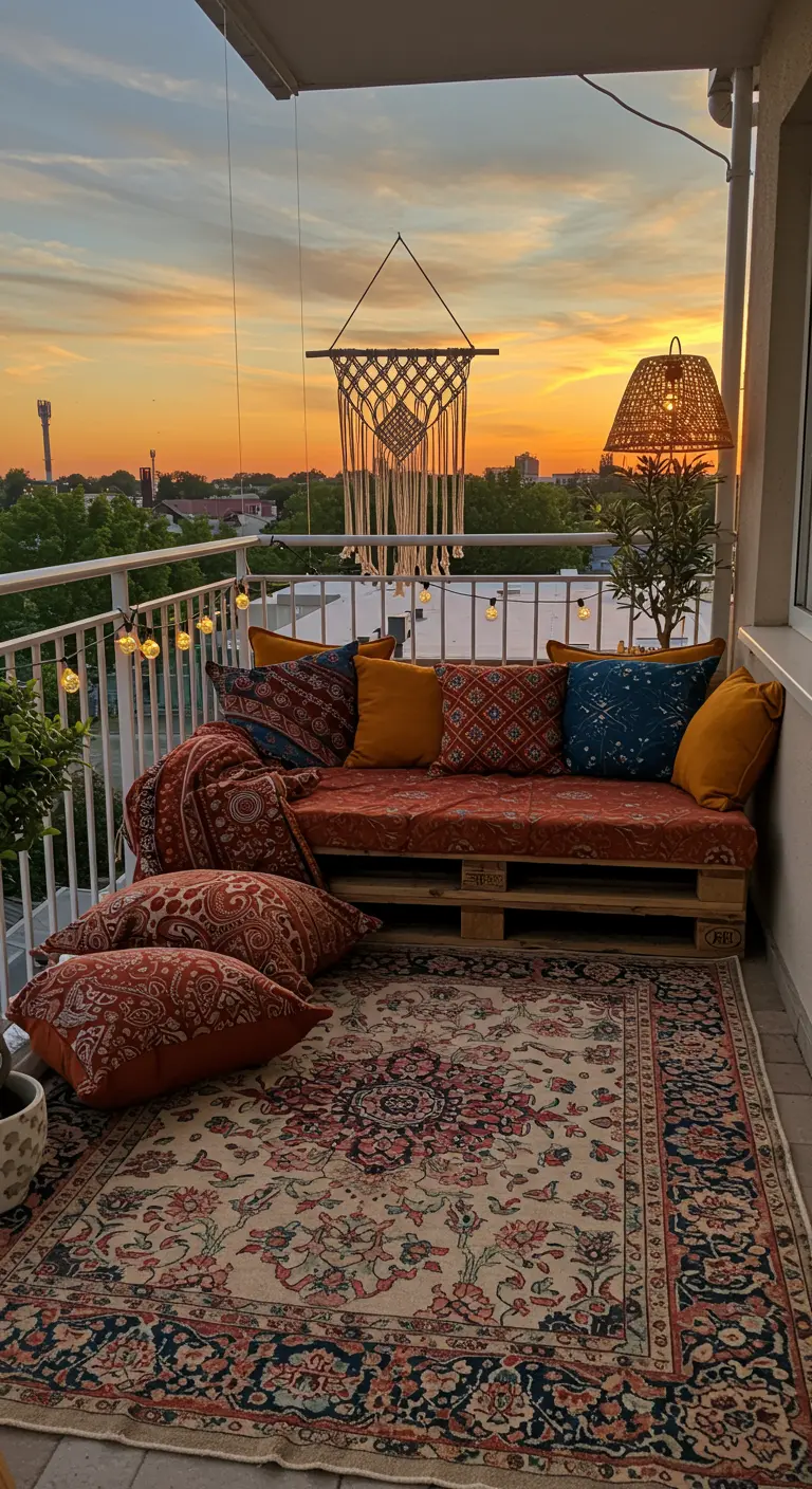 Bohemian balkon met palletbank, kleurrijke kussens en Perzisch tapijt bij zonsondergang.