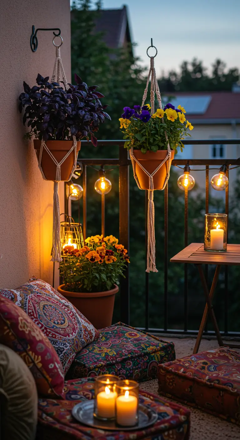 Sfeervol balkon met macramé plantenhangers, kussens en lichtslingers.