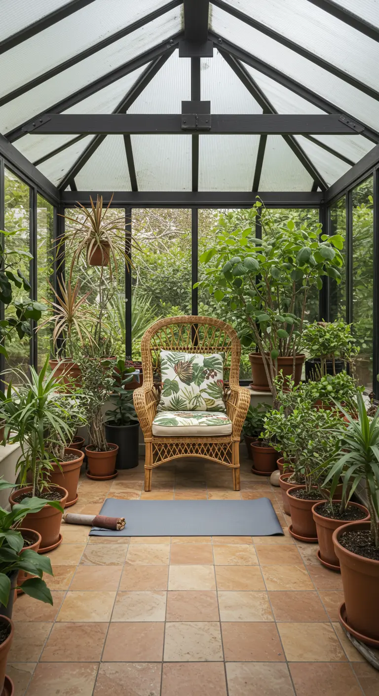 Lichte tuinkas vol planten, met een rieten stoel en een yogamat op de tegelvloer.