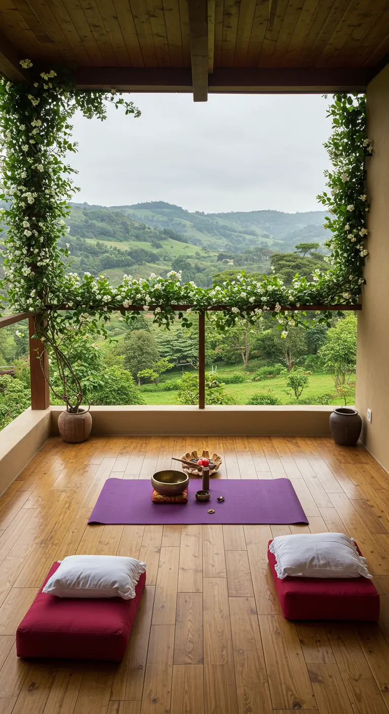 Houten balkon met een yogamat en kussens, omgeven door klimplanten en met uitzicht op heuvels.