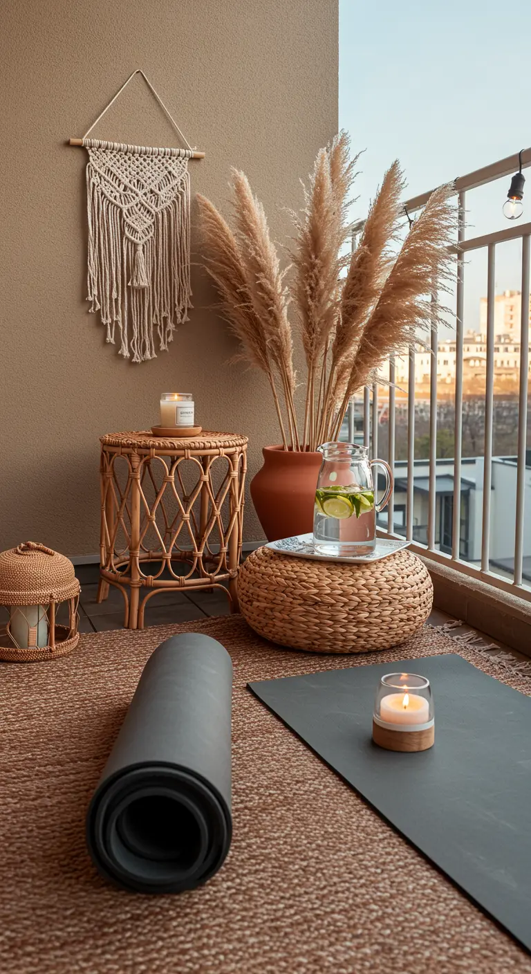 Balkon ingericht als yogaplek met een mat, kaarsen en pampasgras.