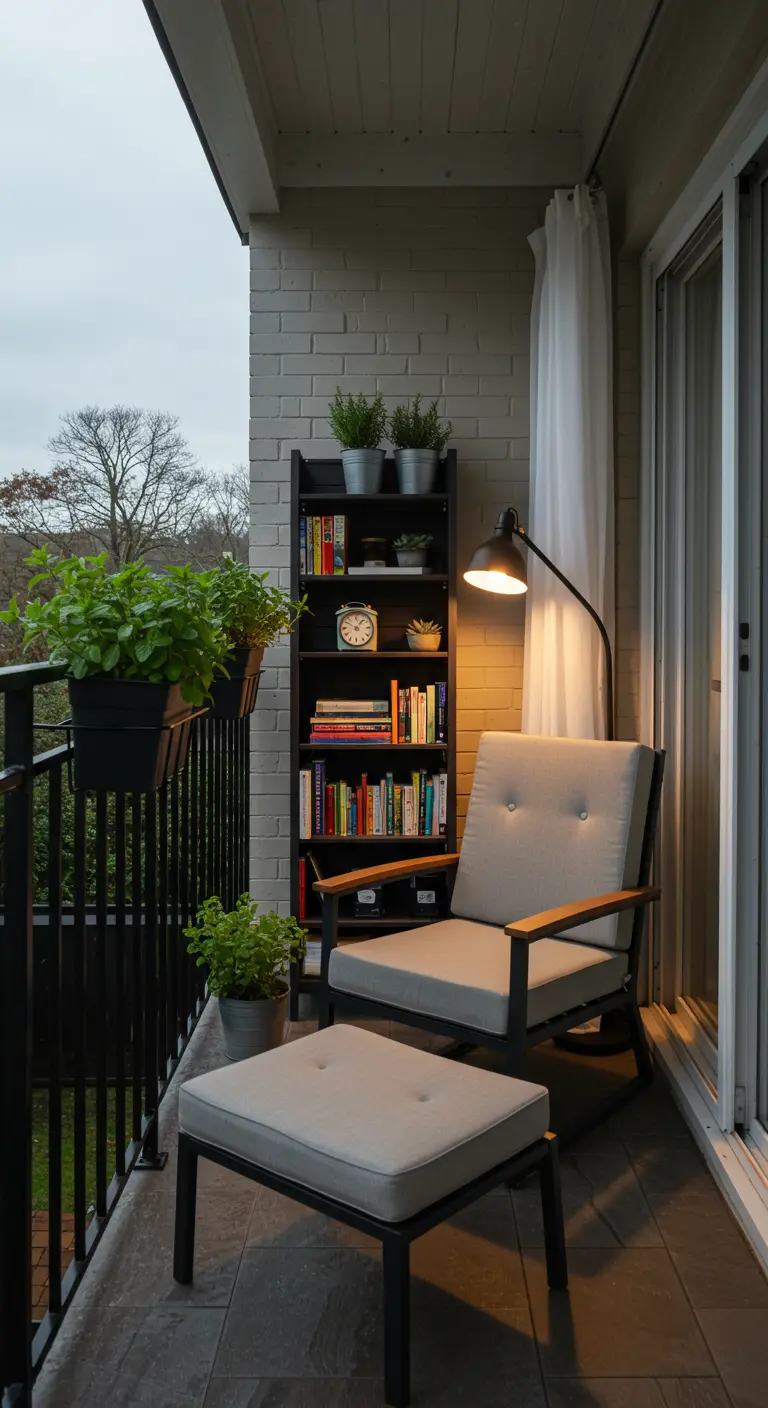 Knusse leesplek op een balkon met een stoel, boekenkast en planten.