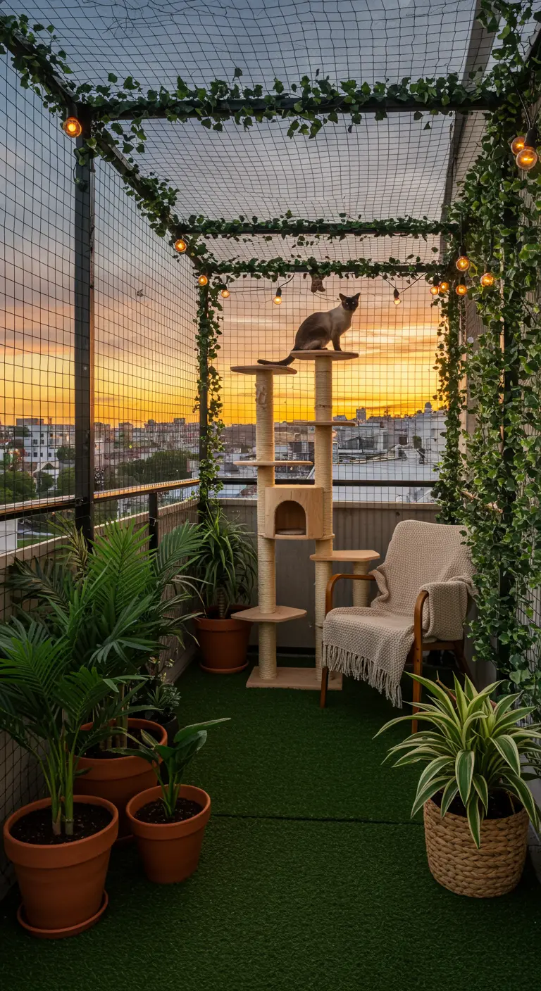 Veilig afgesloten balkon met krabpaal, planten en sfeerverlichting bij zonsondergang.