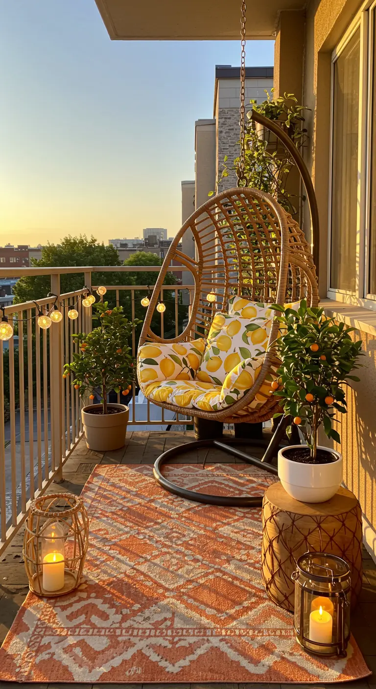 Balkon met rotan hangstoel, citroenprint kussen en sfeerverlichting bij zonsondergang.