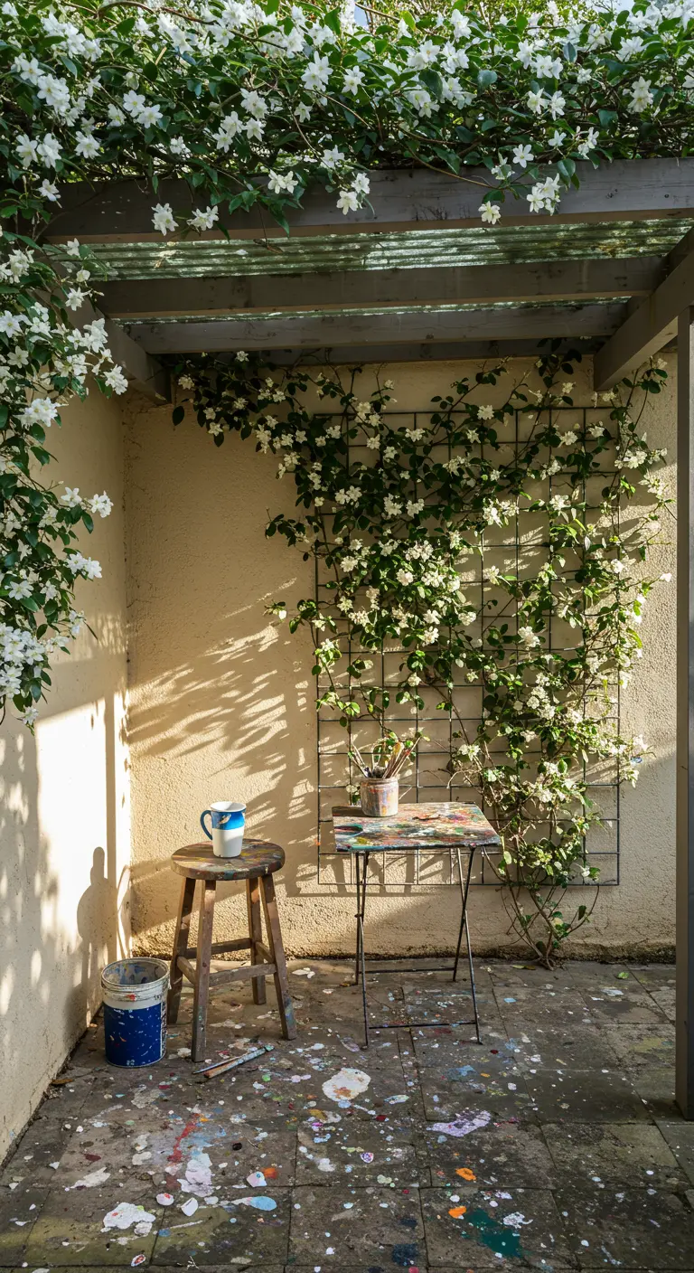 Creatieve buitenwerkplek met een kruk, tafel en klimplanten onder een pergola.
