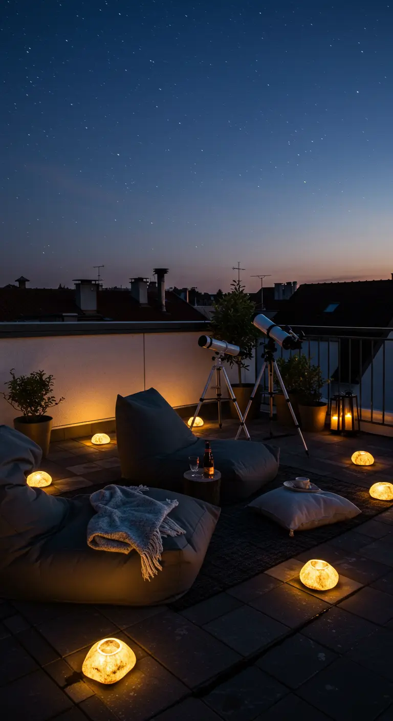 Dakterras 's nachts met zitzakken, een telescoop en sfeervolle, lichtgevende stenen op de grond.