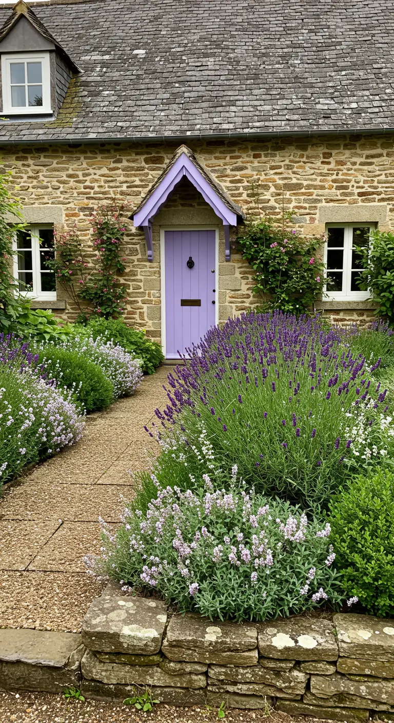 Stenen cottage met een paarse voordeur, omgeven door een rand van lavendel.