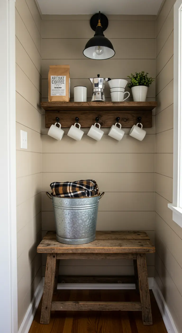 Klein koffiehoekje met een houten plank, hangende mokken en een rustiek bankje eronder.
