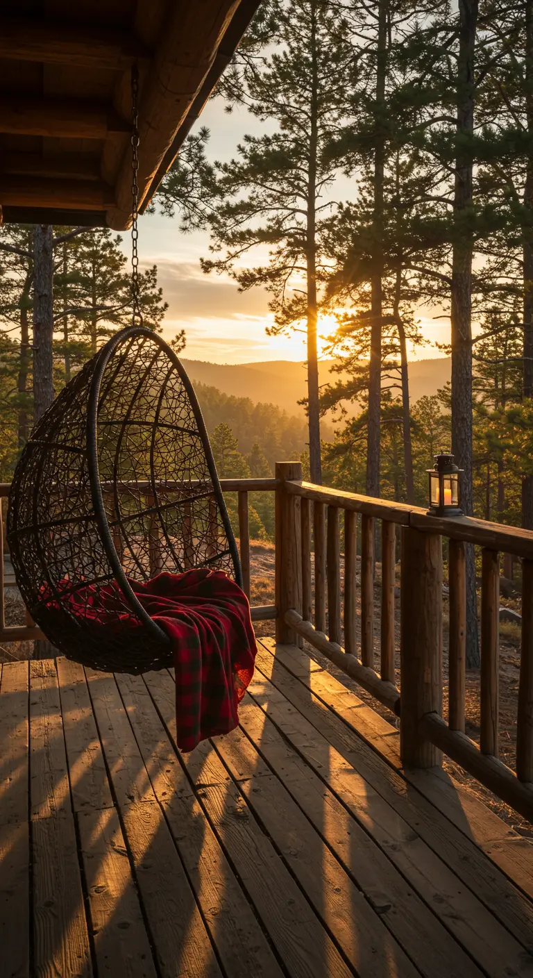 Donkere hangstoel op een houten veranda met uitzicht op een bos bij zonsondergang.