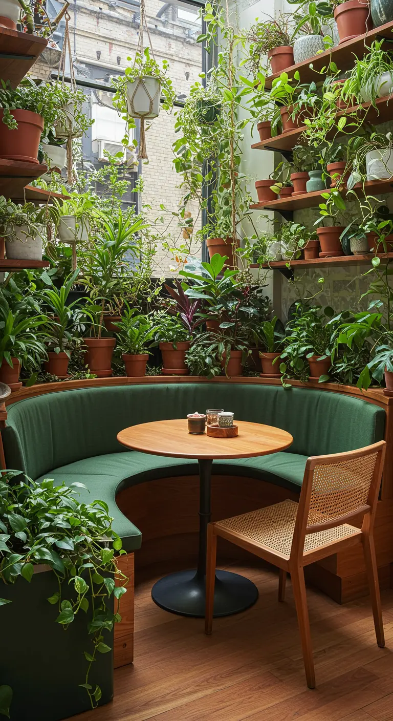 Eethoek omringd door planten op planken, met een groene ronde bank.