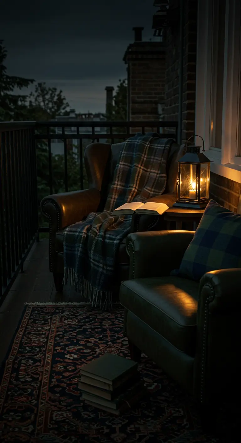 Sfeervol, donker balkon met leren stoelen, een plaid met Schotse ruit en een lantaarn.