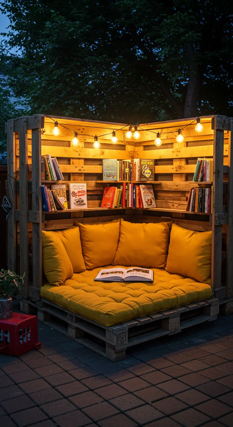 Knusse leeshoek van pallets met okergele kussens en boeken in de rugleuning.