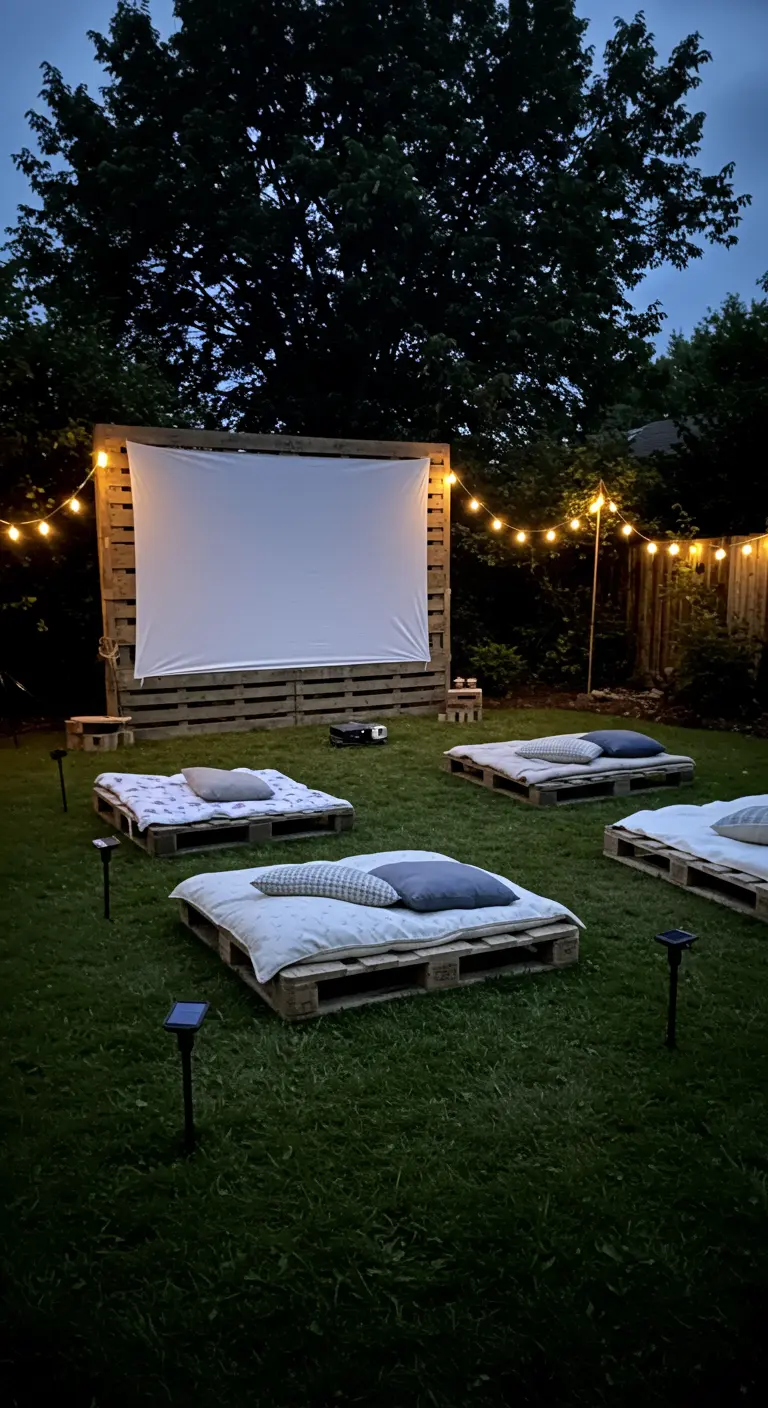 Buitenbioscoop met een projectiescherm van pallets en loungeplekken op het gras.