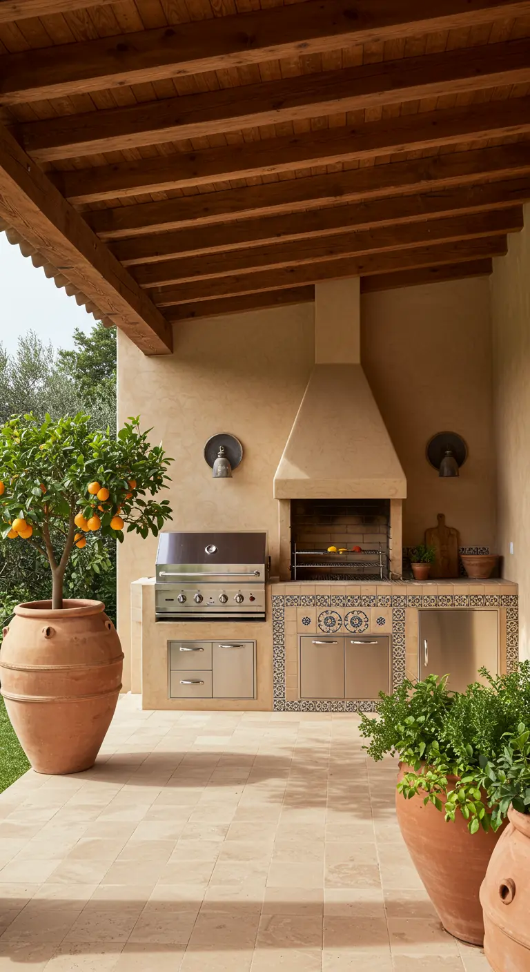 Mediterrane buitenkeuken met gestuukte muren, ingebouwde barbecue en grote terracotta potten.