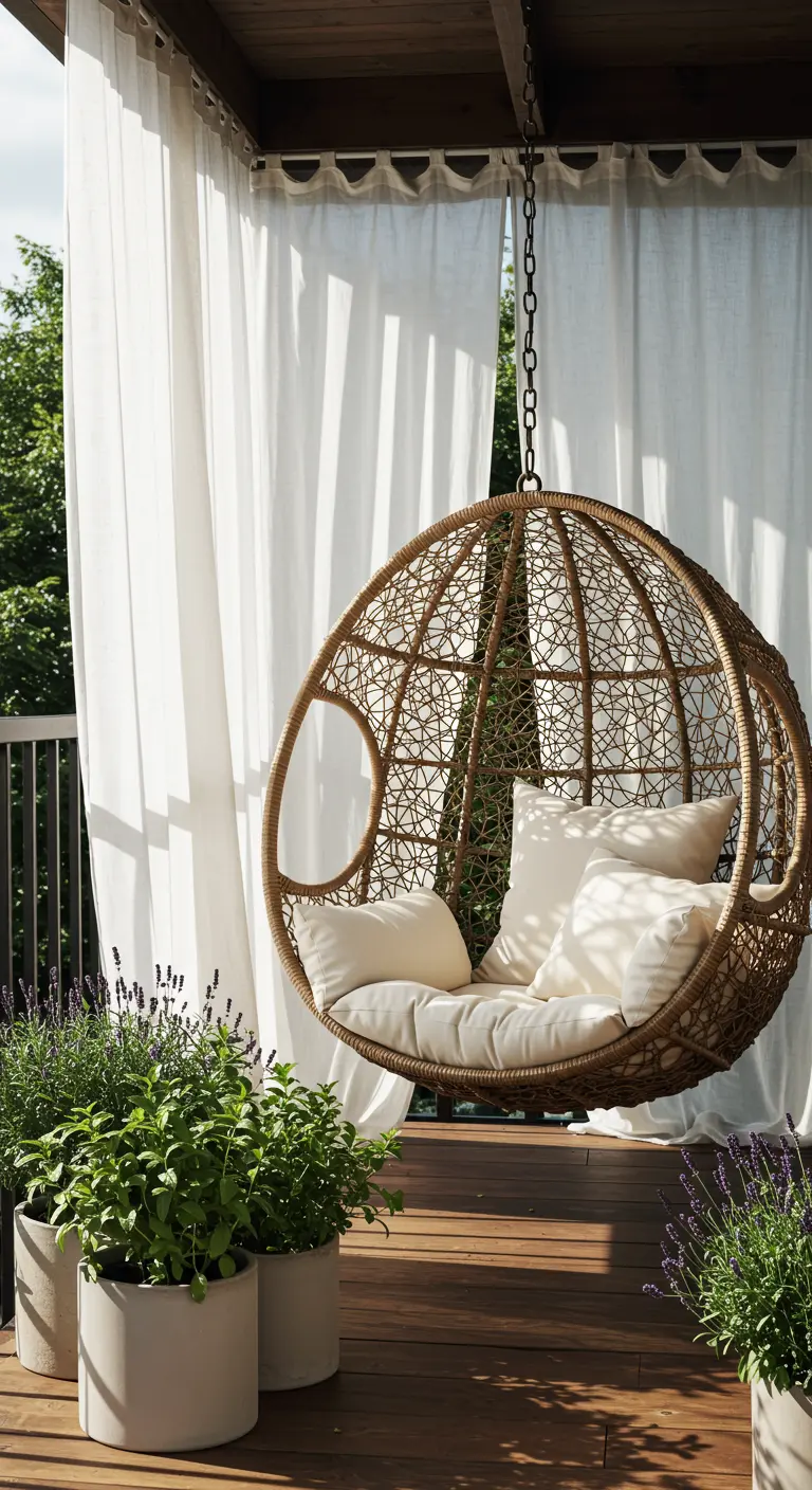 Een rotan hangstoel op een houten terras, omringd door witte gordijnen en lavendelplanten.