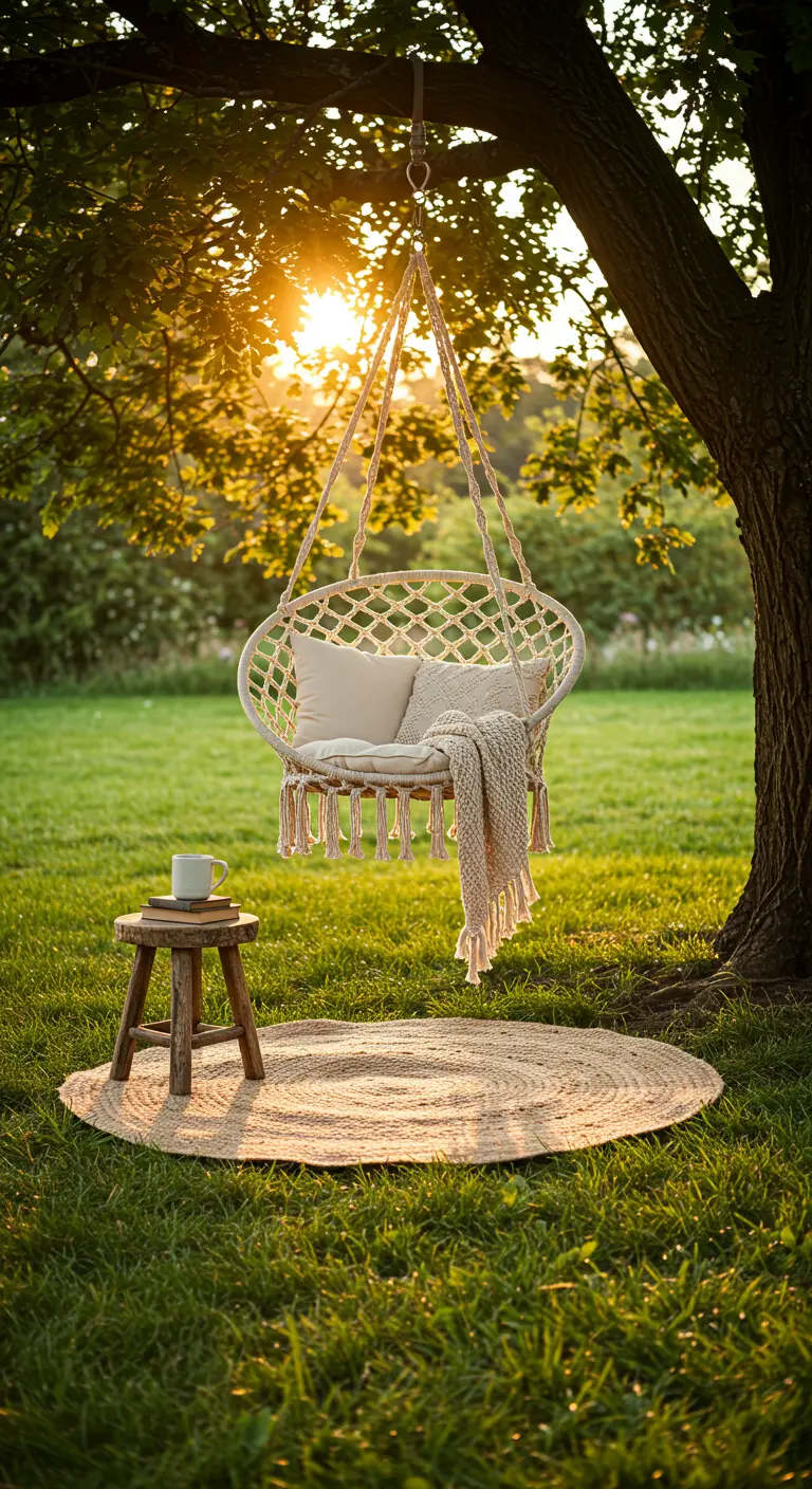 Macramé hangstoel in een tuin met een jute kleed en krukje tijdens zonsondergang.