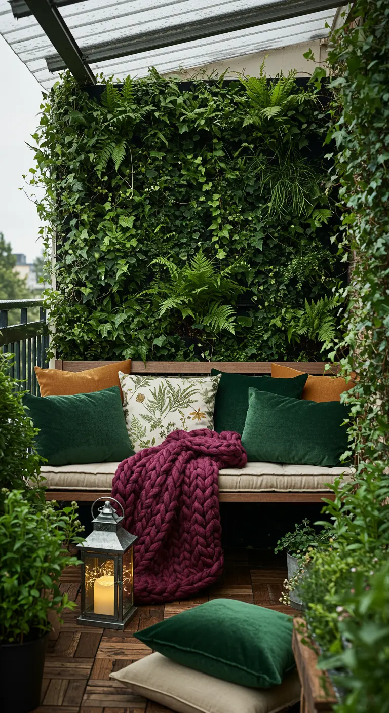 Balkon met een weelderige verticale plantenwand, een houten bank met groene kussens en een bordeauxrood plaid.