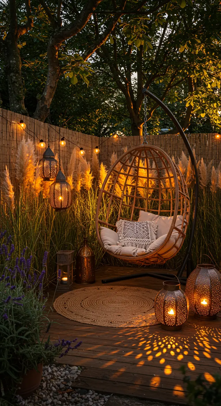 Bohemian tuinhoek met een rotan hangstoel, pampasgras en sfeerlicht.