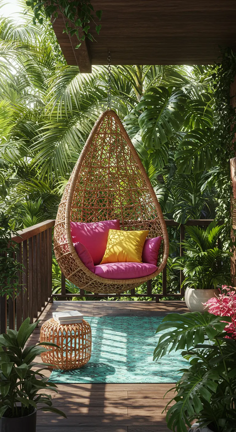 Rotan hangstoel met felroze kussens op een balkon vol tropische planten.