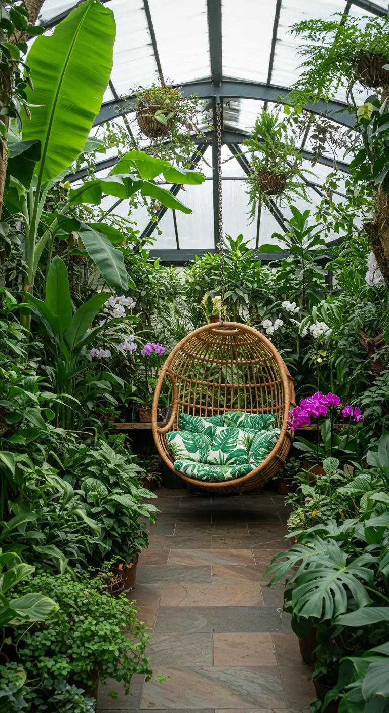 Rotan hangstoel omringd door weelderige tropische planten en orchideeën in een glazen kas.