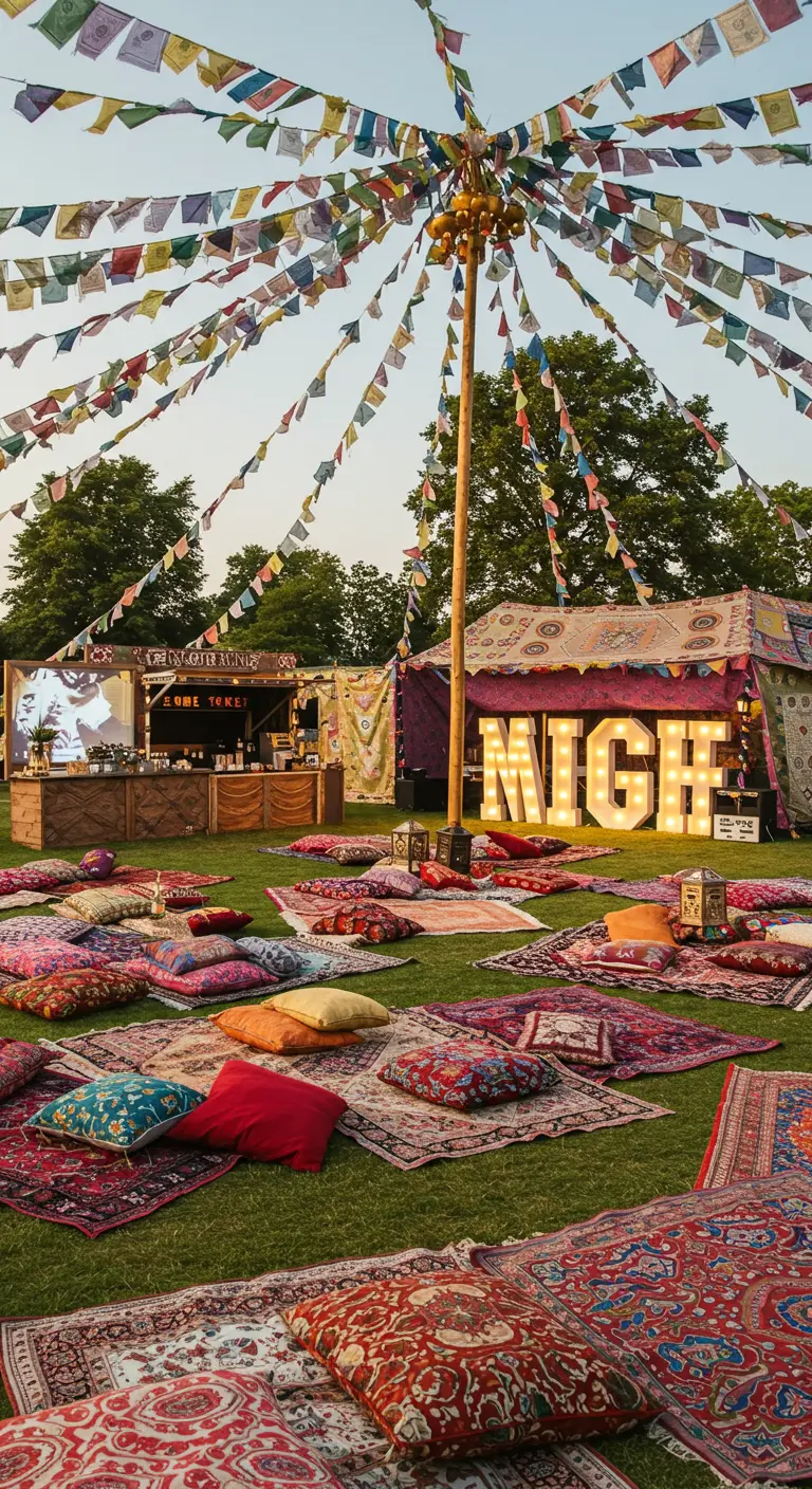 Festival-achtige buitenbioscoop met gekleurde vlaggetjes, lichtletters en veel kleden op de grond.