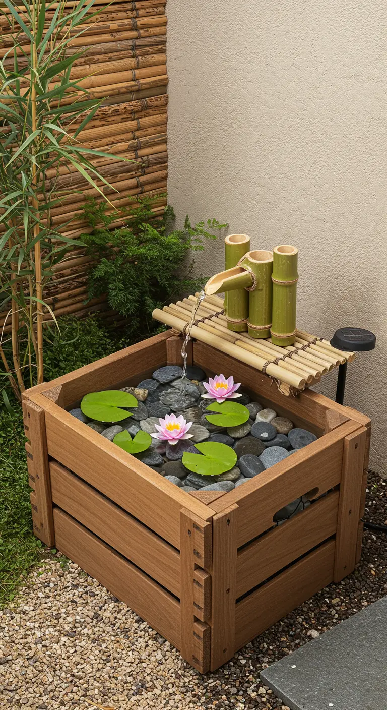 Een houten kist als mini-vijver met waterlelies en een bamboefontein.