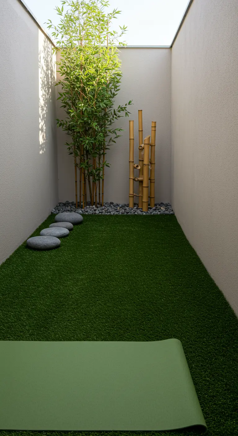 Smalle buitenruimte met kunstgras, bamboe en stenen, als een mini-zen-tuin.