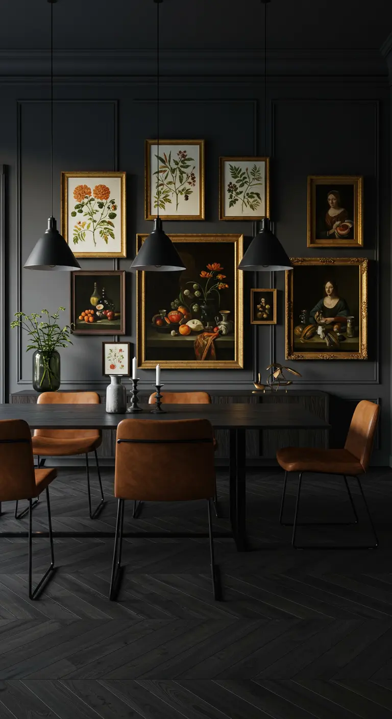 Donkere eetkamer met een gallery wall van vintage schilderijen en moderne meubels.