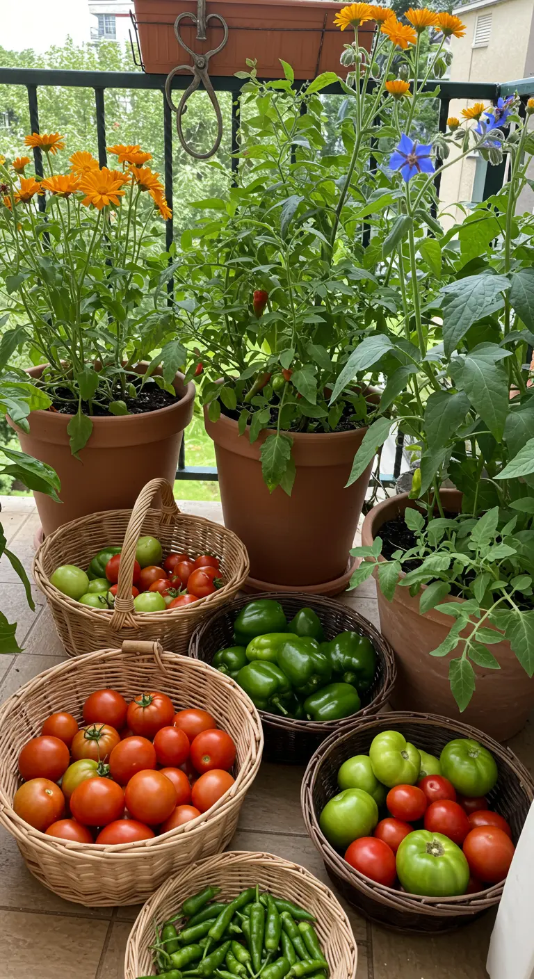 Rieten manden vol met vers geoogste tomaten, pepers en andere groenten.