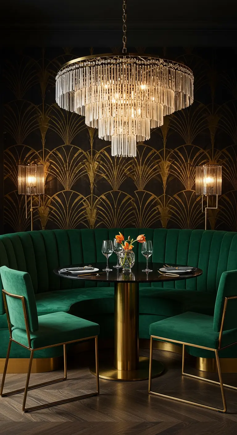 Luxe art-deco eethoek met smaragdgroene fluwelen bank en een grote kristallen kroonluchter.
