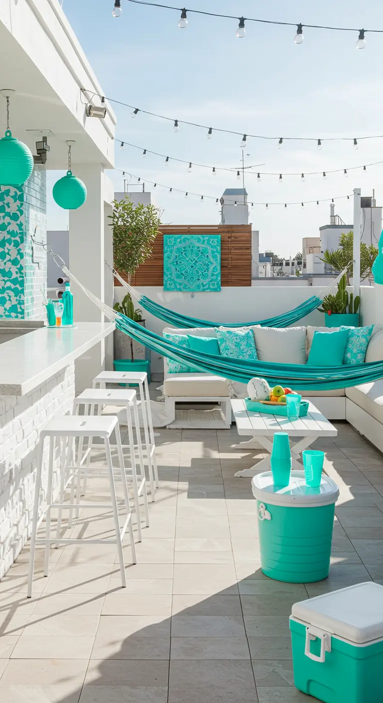 Dakterras in partysfeer met een bar, lichtslingers, witte banken en turquoise hangmatten.