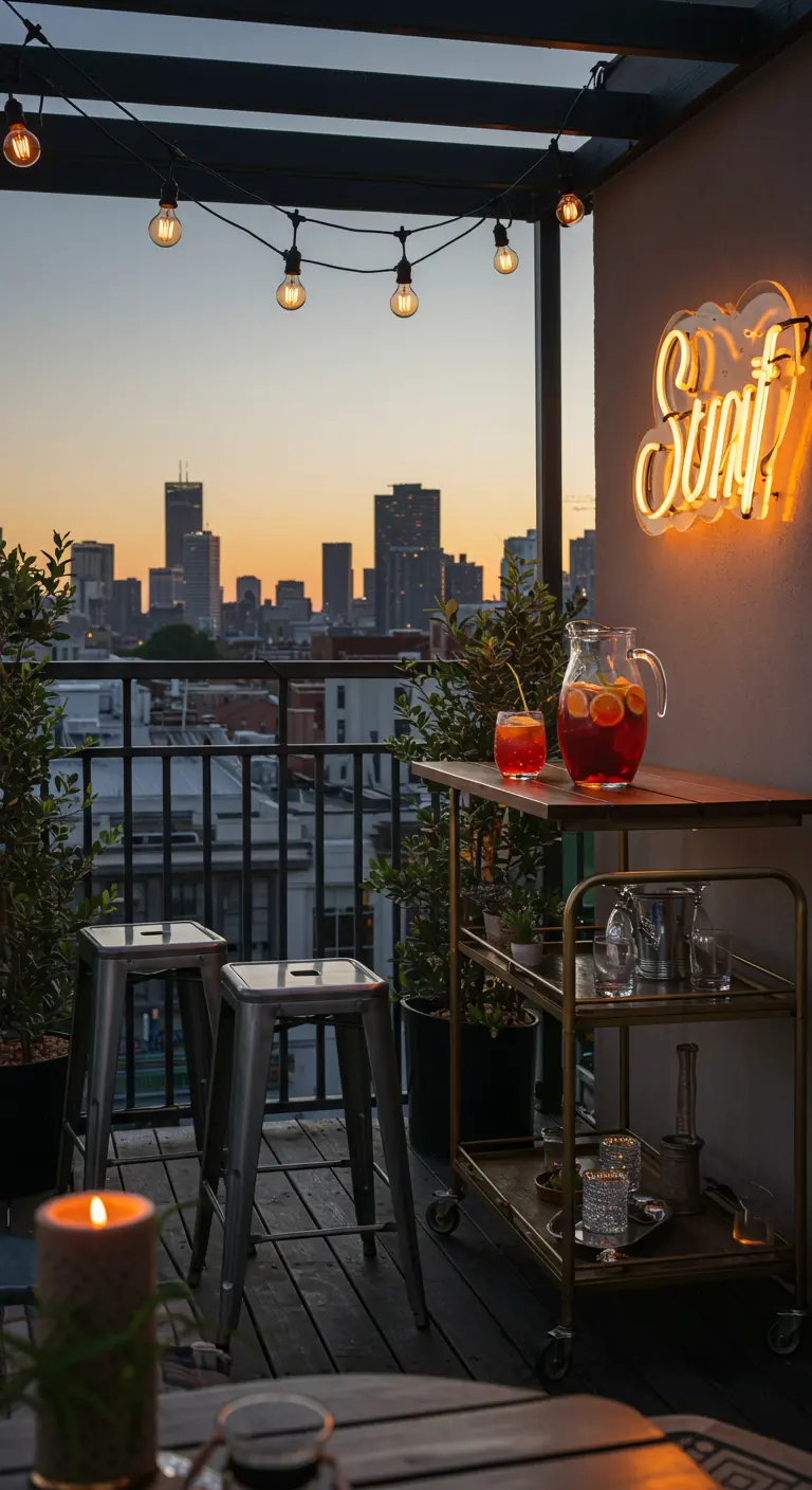 Stadsbalkon met bartafel, krukken, een neon lichtbord en uitzicht op de skyline.