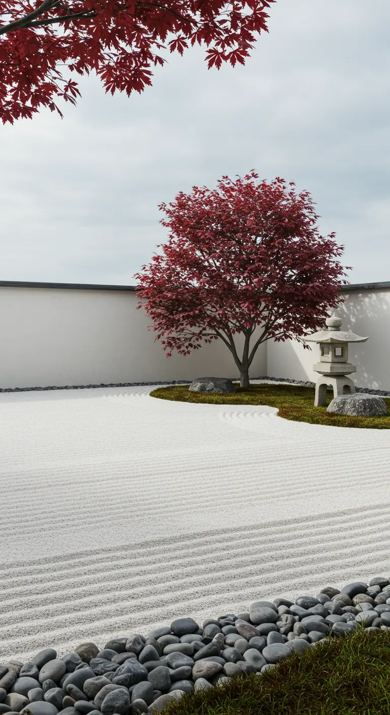 Japanse zentuin met geharkt zand, rode esdoorn en een rand van gladde stenen.