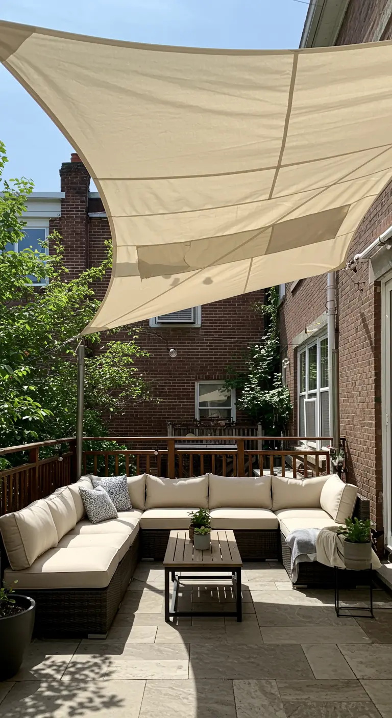 Een groot, crèmekleurig schaduwdoek van canvas gespannen boven een terras met een loungebank.