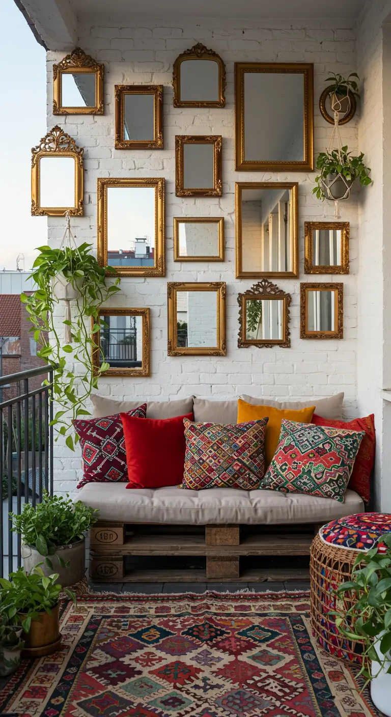 Witte balkonmuur vol met vintage spiegels in gouden lijsten boven een palletbank.