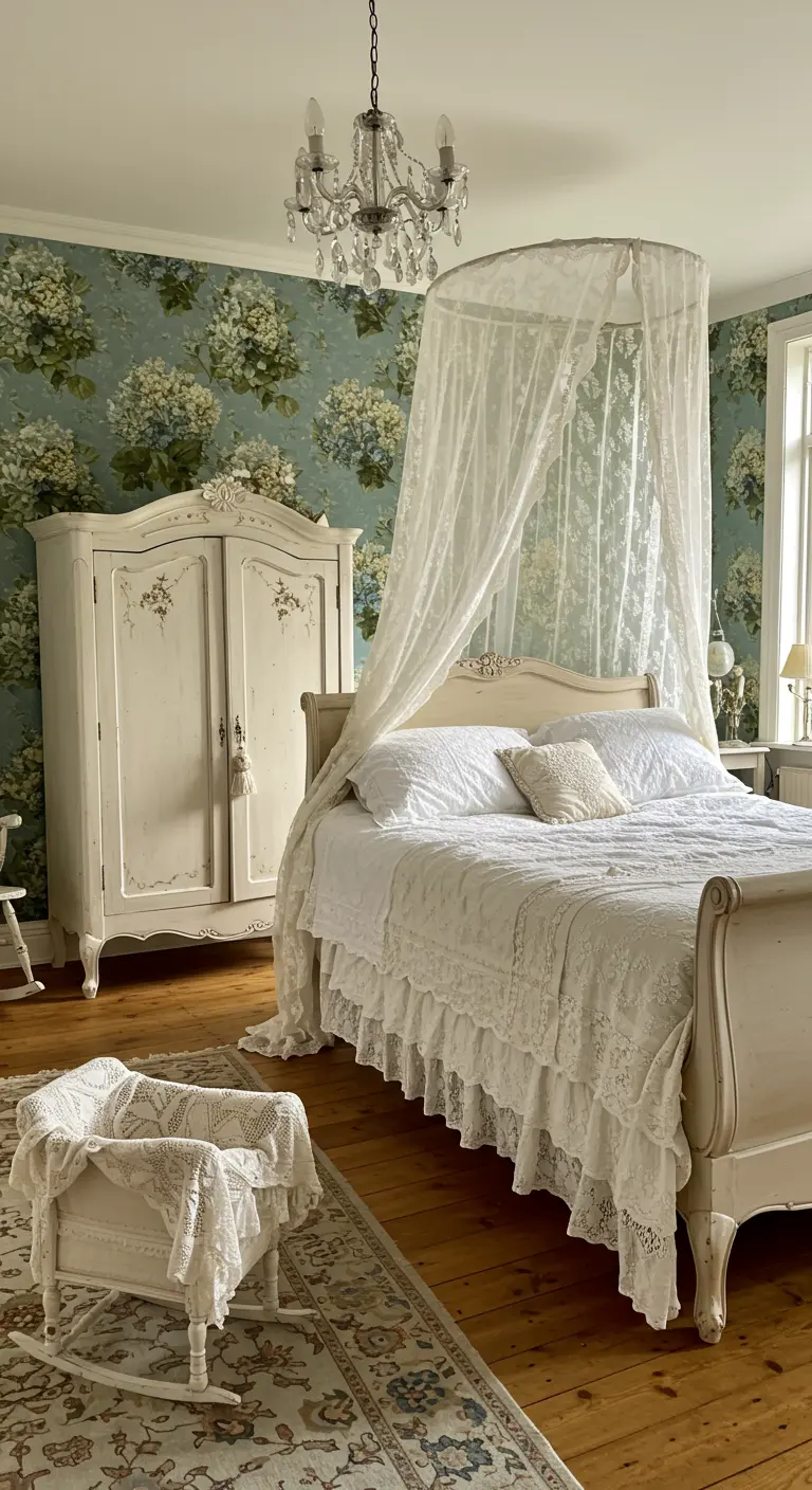 Sprookjesachtige slaapkamer met wit kanten hemelbed, bloemenbehang met hortensia's en antieke kast.