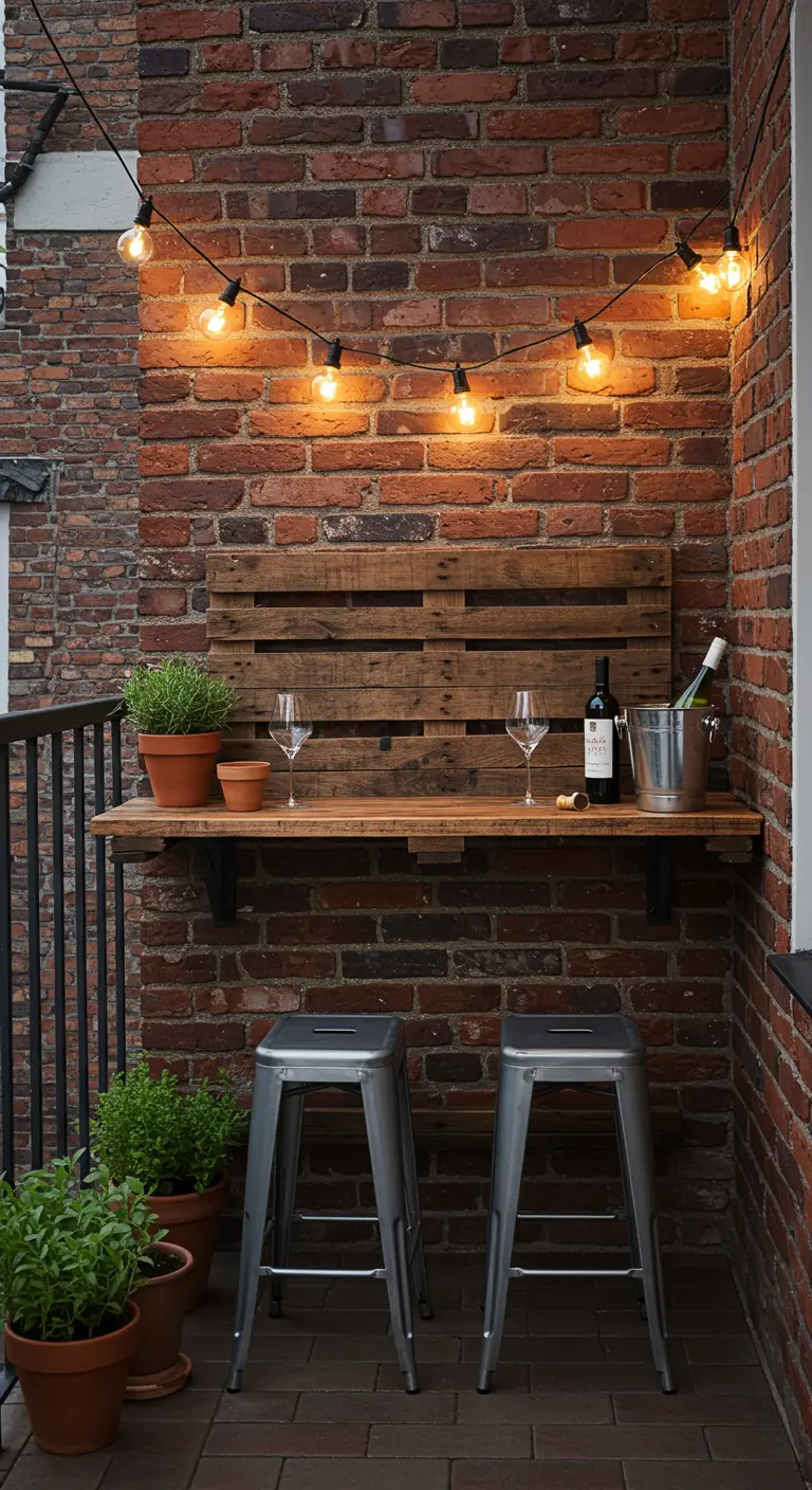Compacte balkonbar gemaakt van een houten pallet tegen een bakstenen muur, met metalen krukjes.