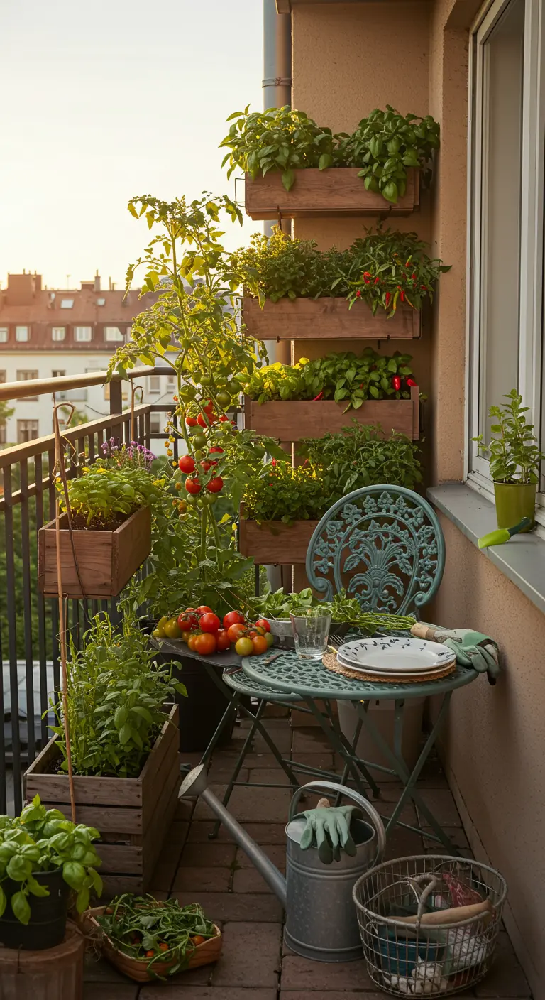 Balkon met verticale moestuin vol tomaten, kruiden en een groen bistrosetje in de avondzon.