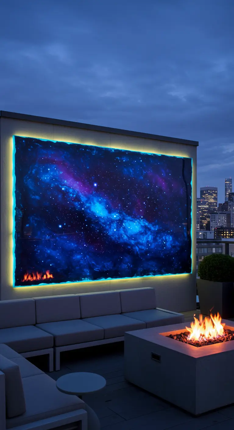 Groot verlicht kunstpaneel met een afbeelding van een sterrenstelsel op een modern dakterras.