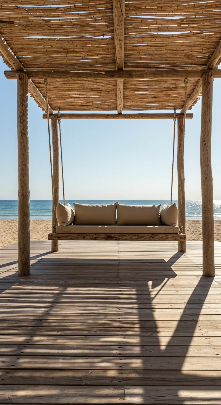 Houten schommelbank onder een pergola op een vlonder aan het strand.