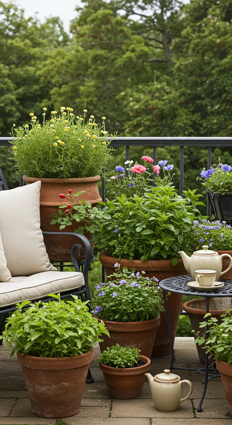 Zithoek op balkon met diverse kruiden in terracotta potten en een theepot.